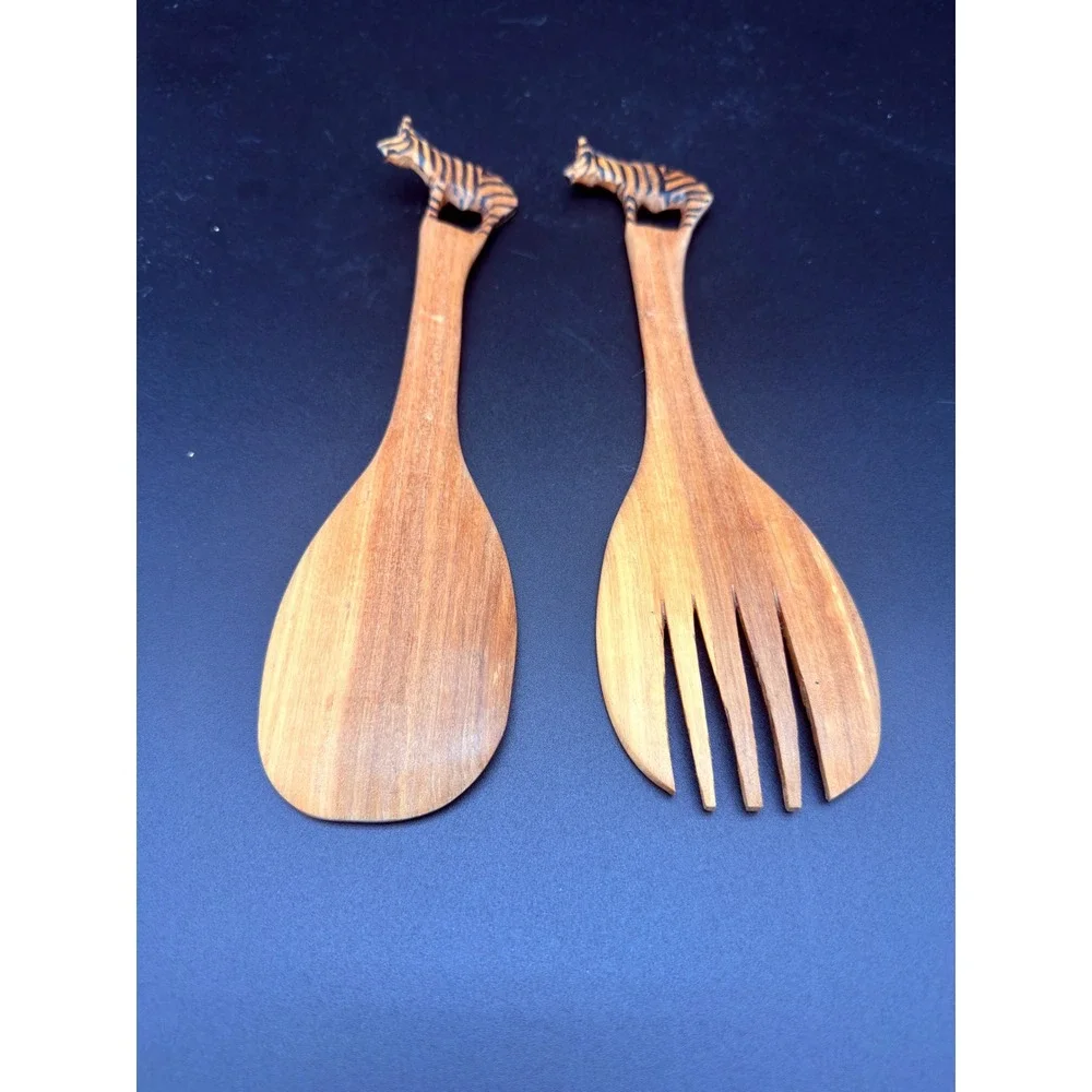 Hand Carved Wooden Zebra Salad Server Set 2 Piece Serving Spoon and Fork Animal